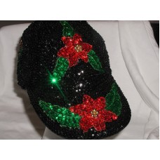SEQUIN POINSETTIA BASEBALL CAP PRETTY CHRISTMAS HOLIDAY GIFT BLACK & RED NEW   eb-31734898